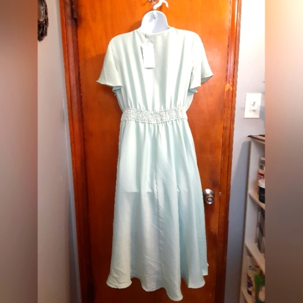 Zesica Women's Cottage Core Lagenlook Dress Size Large Flare And Tie Waist Aqua - Picture 6 of 8